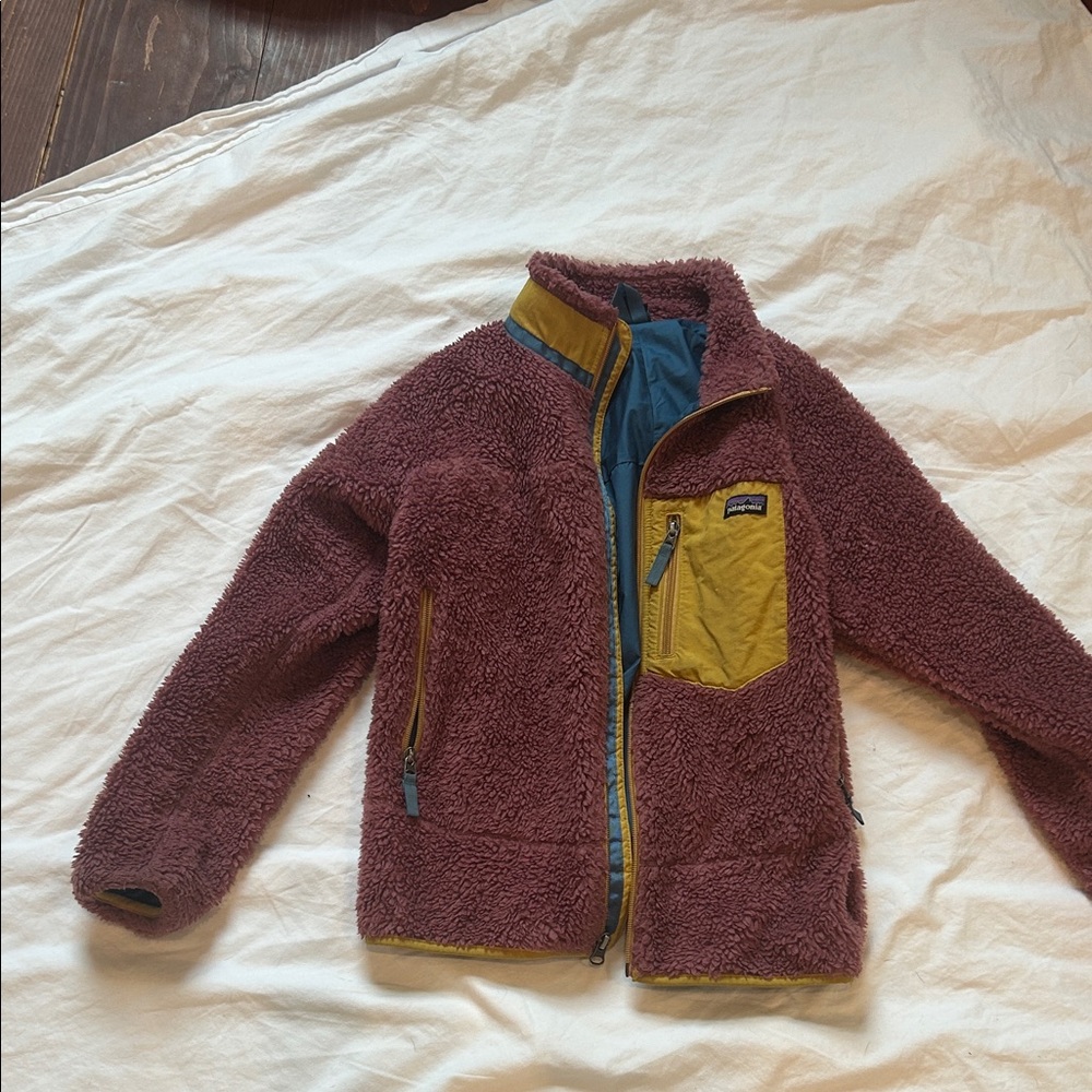 Patagonia Burgundy Fleece Jacket with Mustard Accents